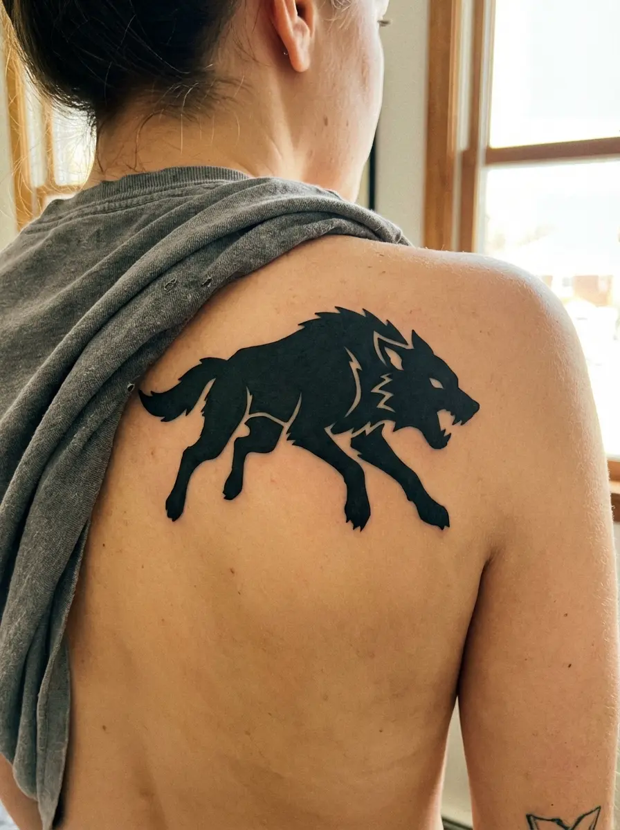 blackwork animal silhouette back tattoo for women