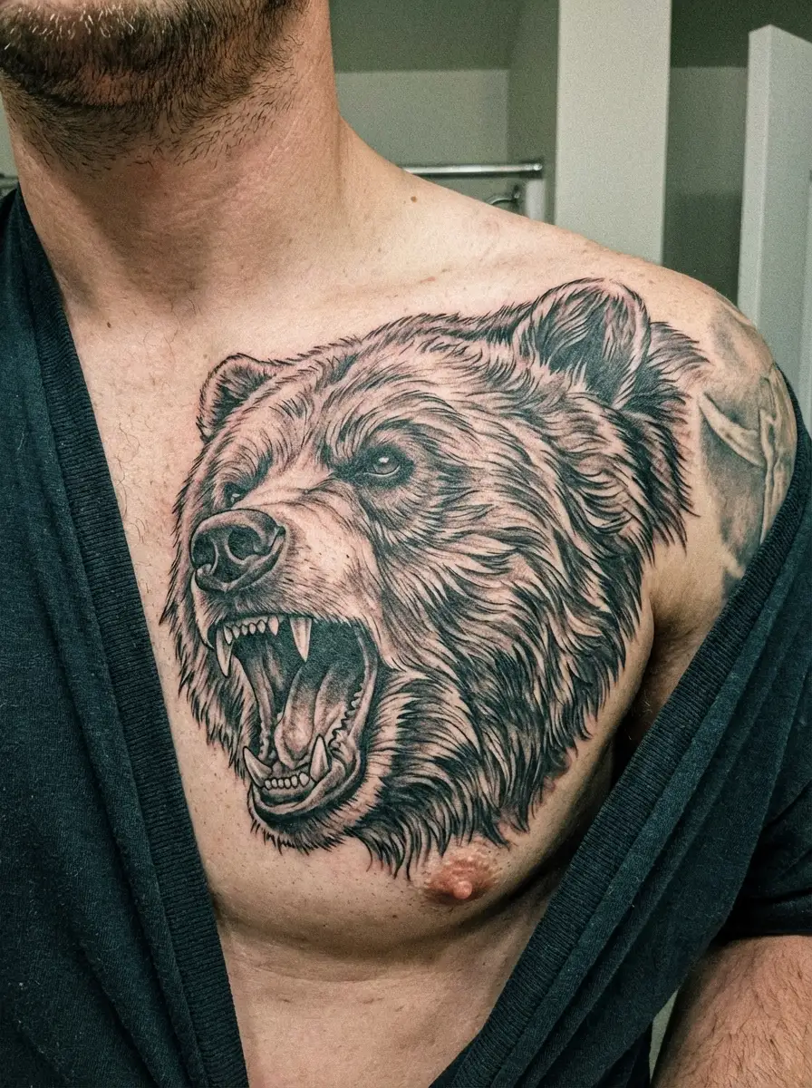 man with bear chest tattoo