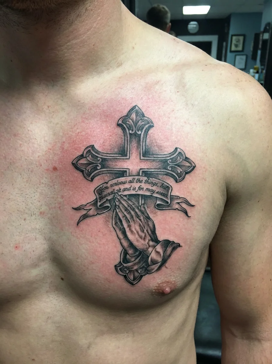 man with cross chest tattoo over heart