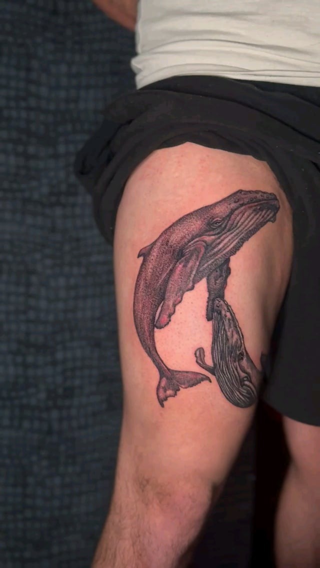 Dynamic Whale Thigh Tattoo Design