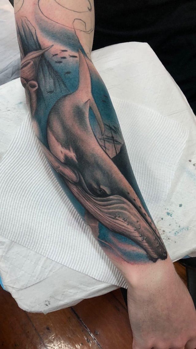 Vibrant Whale Sleeve Tattoo Work