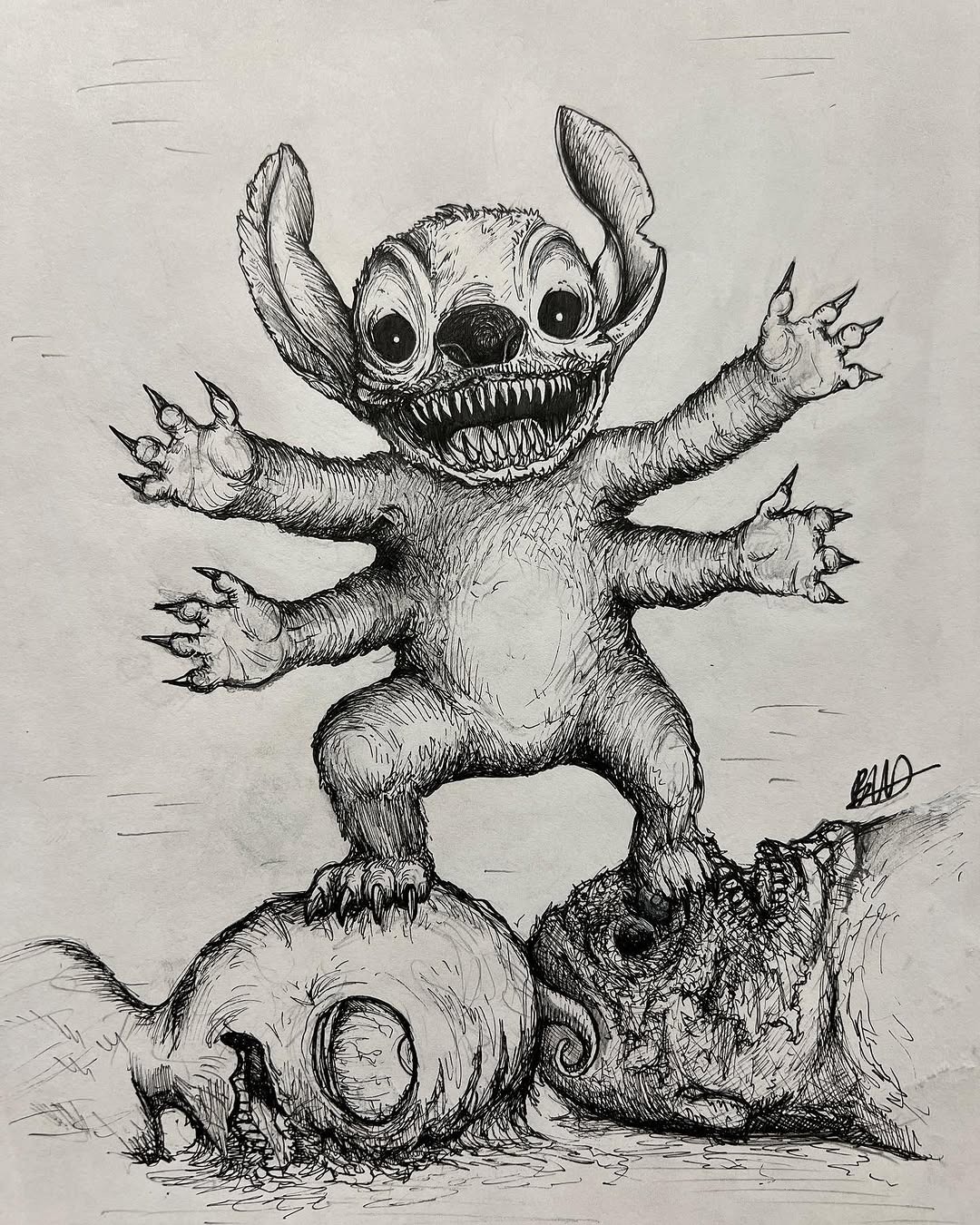 Gritty dark-style Stitch sketch tattoo