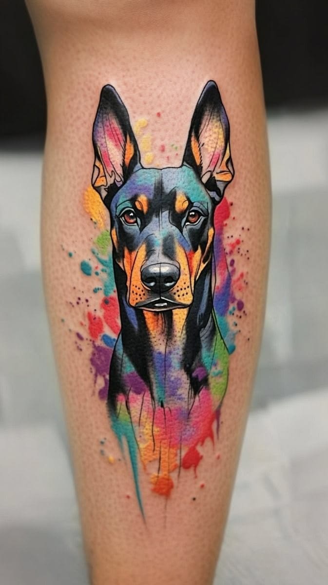 Vibrant Watercolor Doberman Tattoo