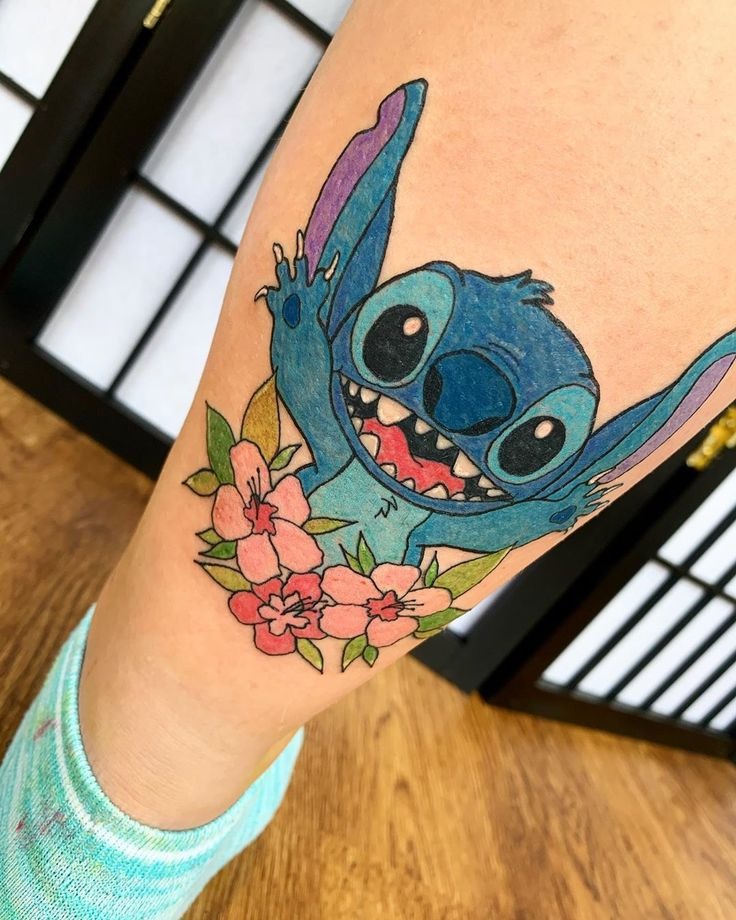 Colorful Stitch and Hibiscus Tattoo