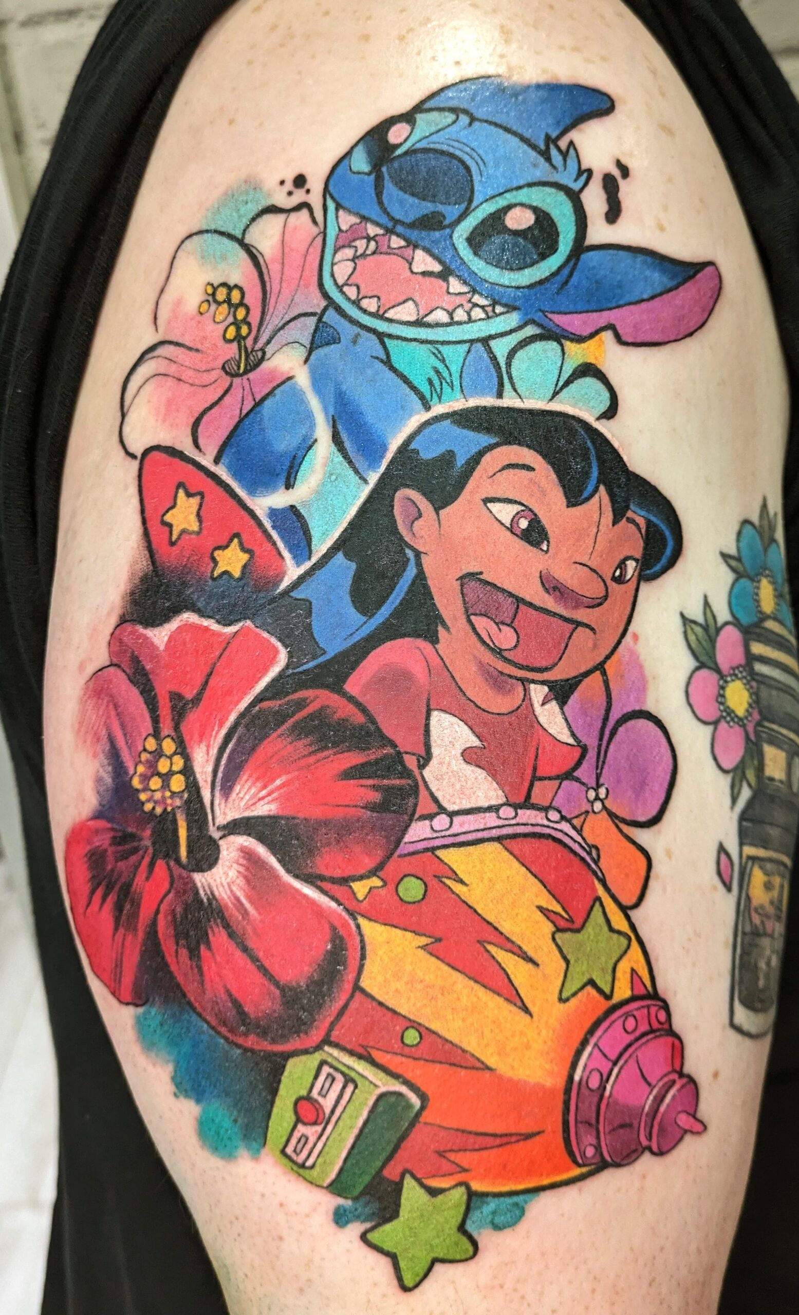Vibrant Lilo and Stitch Portrait Tattoo