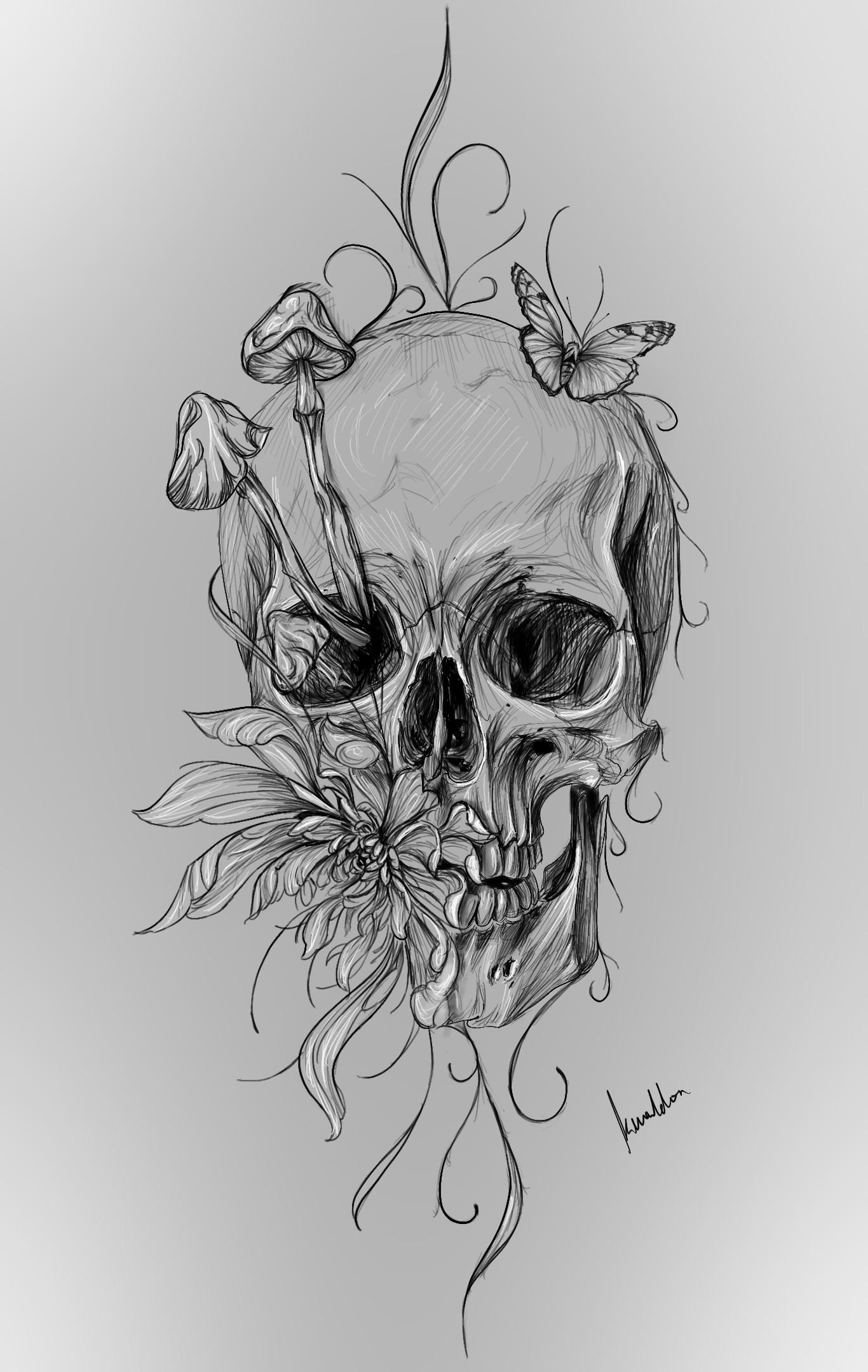 Detailed Floral Skull Drawing
