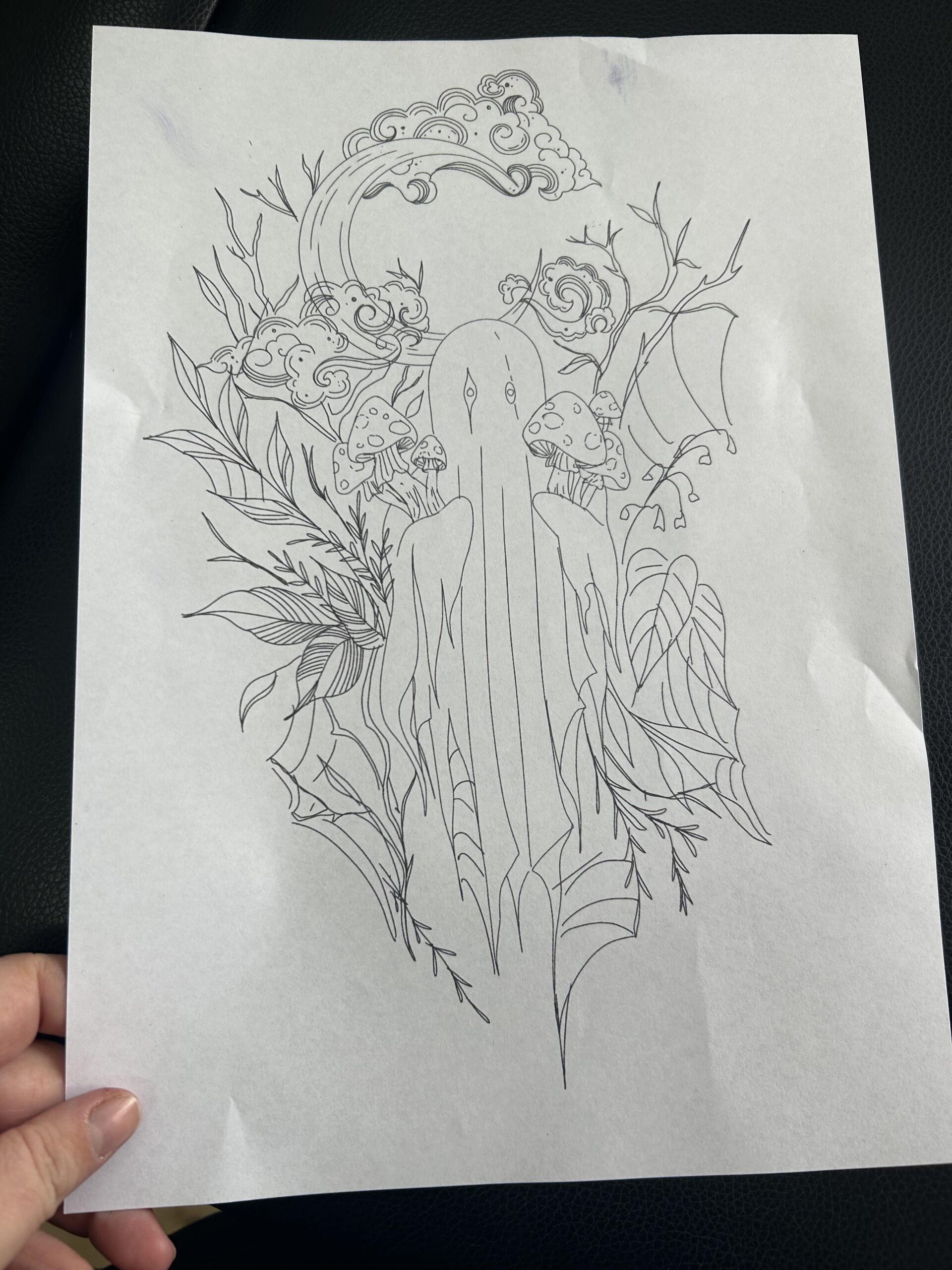 Fantasy Line-Art Tattoo Blueprint