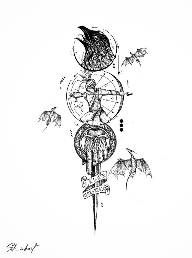 Medieval Fantasy Sword and Raven Tattoo Sketch