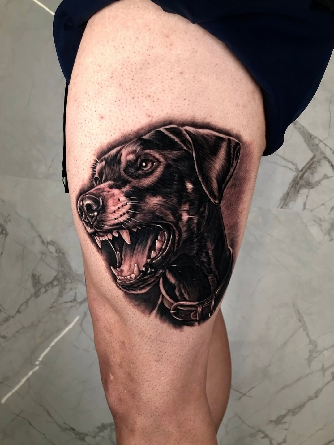 Realistic Doberman Thigh Tattoo