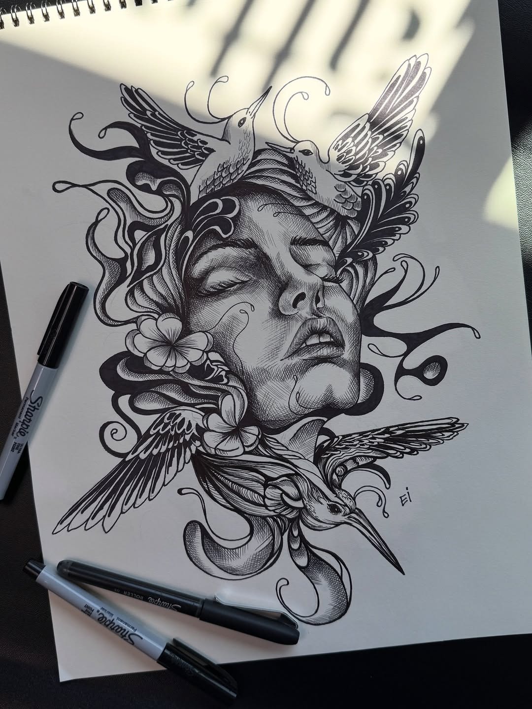 Surreal Floral Hummer Portrait Sketch