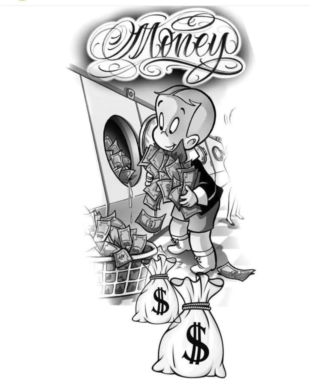 Money-Themed Cartoon Tattoo Sketch