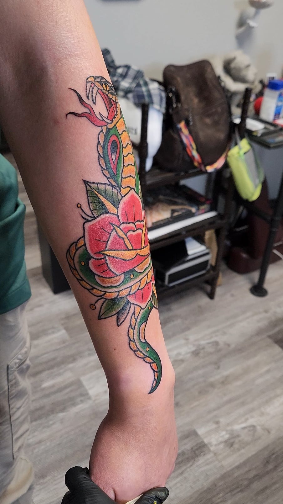 Bold Neo-Traditional Cobra and Rose Ink