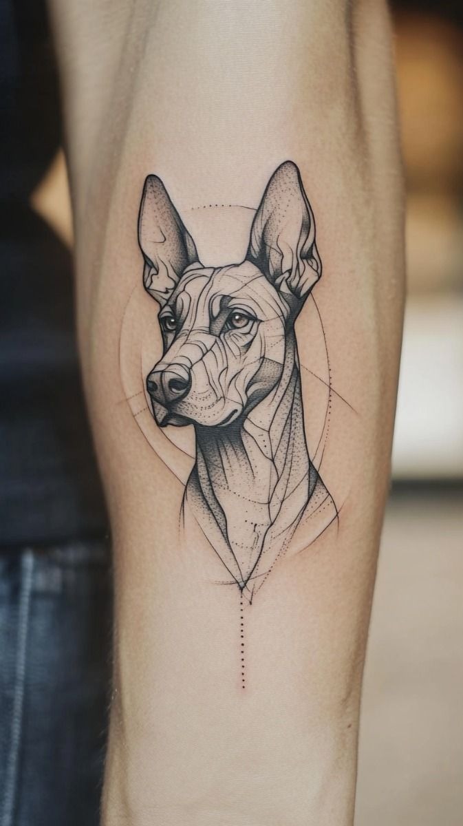 Geometric Doberman line art tattoo