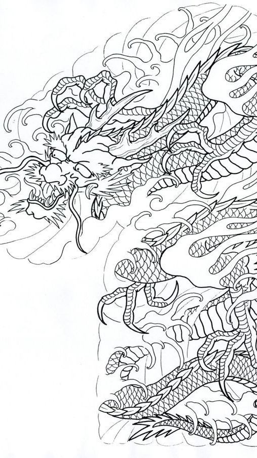 Detailed Dragon Tattoo Line-Art Stencil