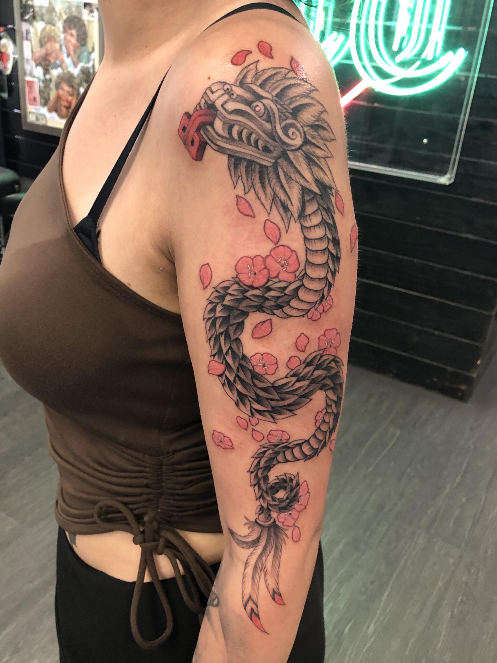 Stunning Blackwork Quetzalcoatl Half-Sleeve