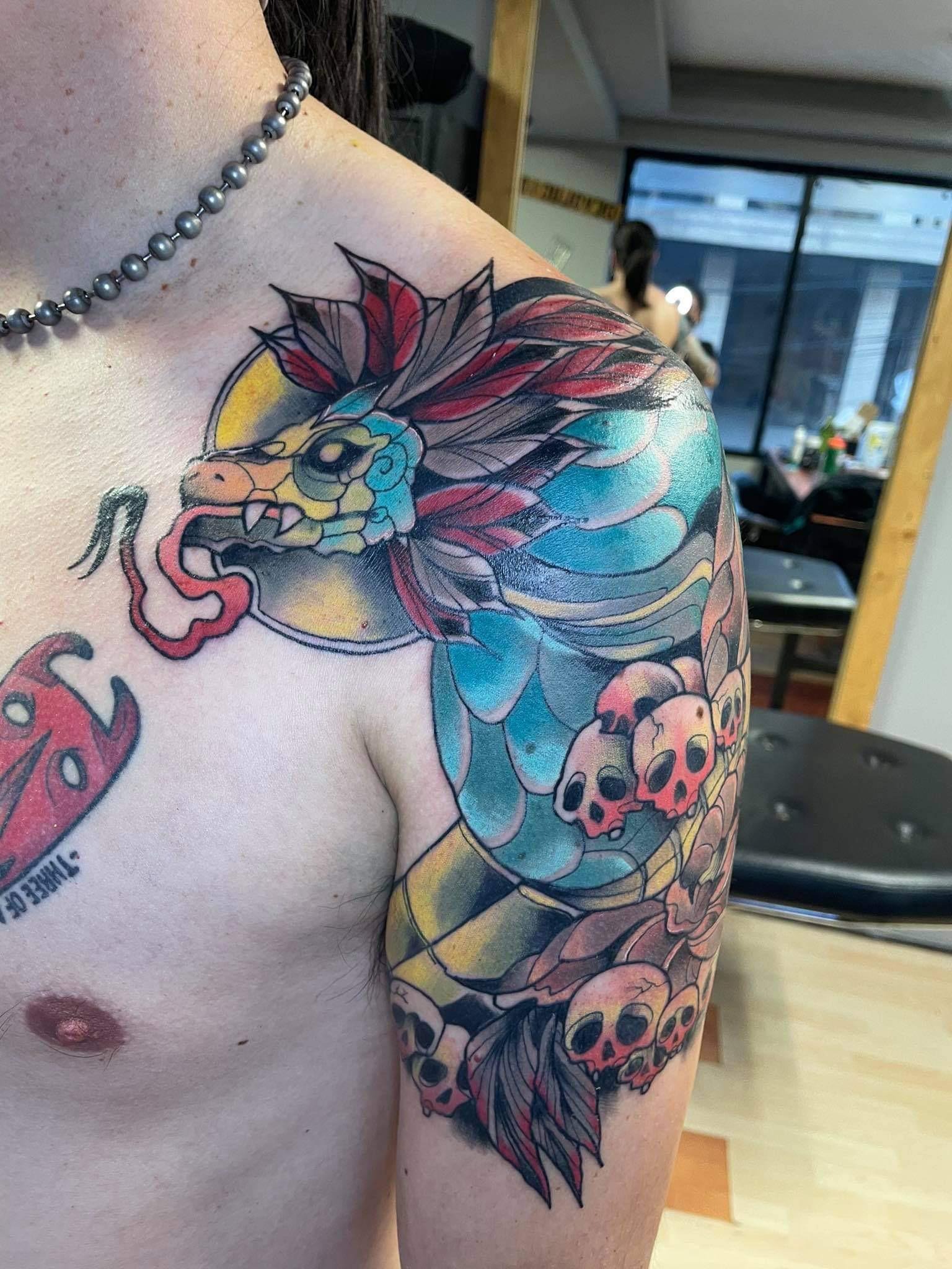 Colorful Neo-Traditional Quetzalcoatl Shoulder Design