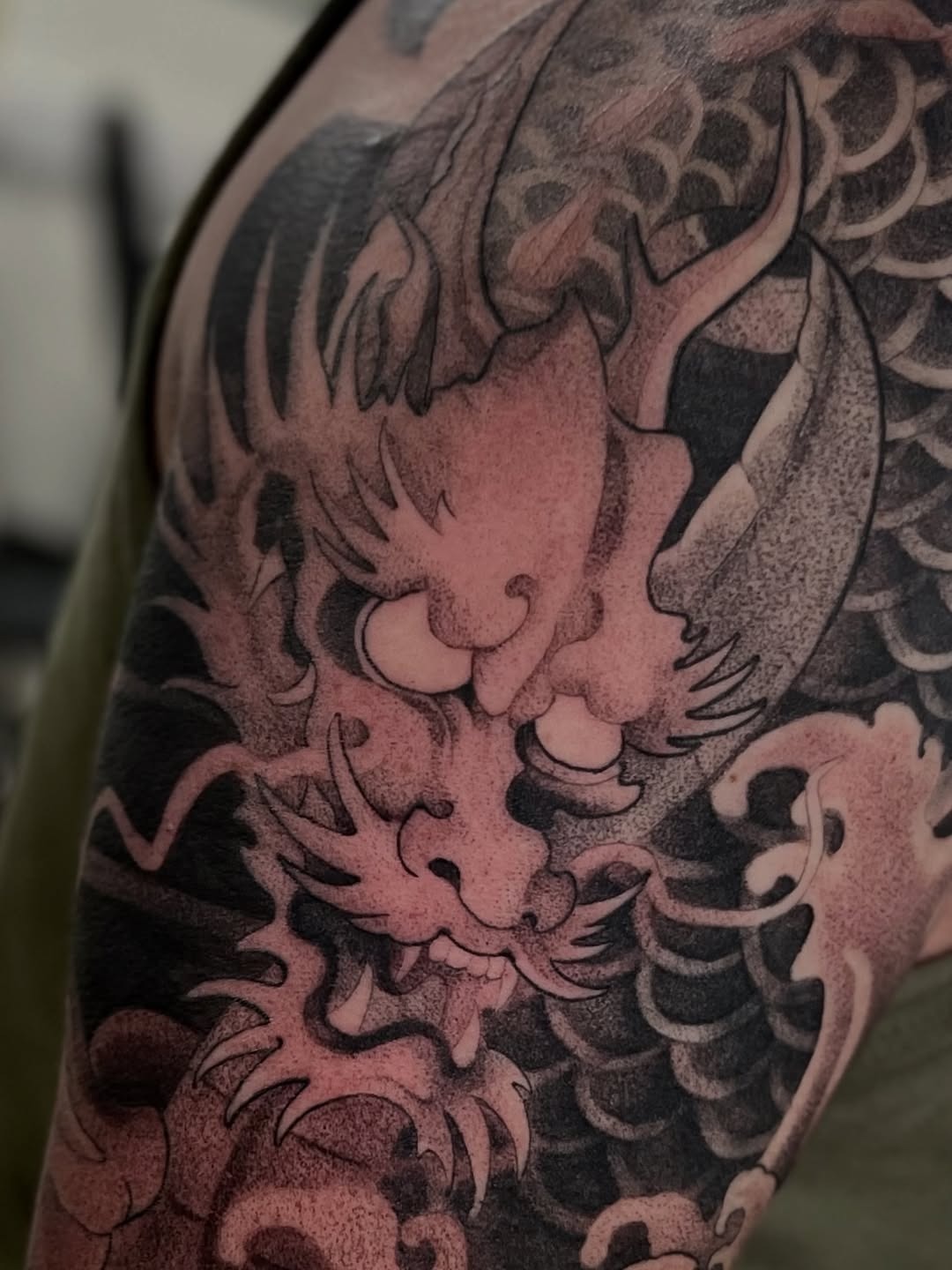 Detailed Black and Grey Dragon Tattoo