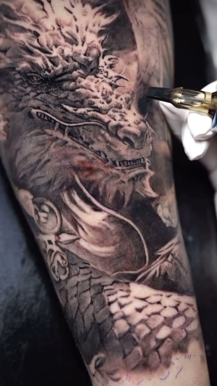 Detailed Dragon Tattoo In Progress