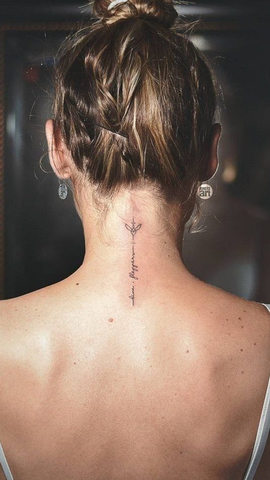 Vertical Fine Line Spine and Neck Tattoo
