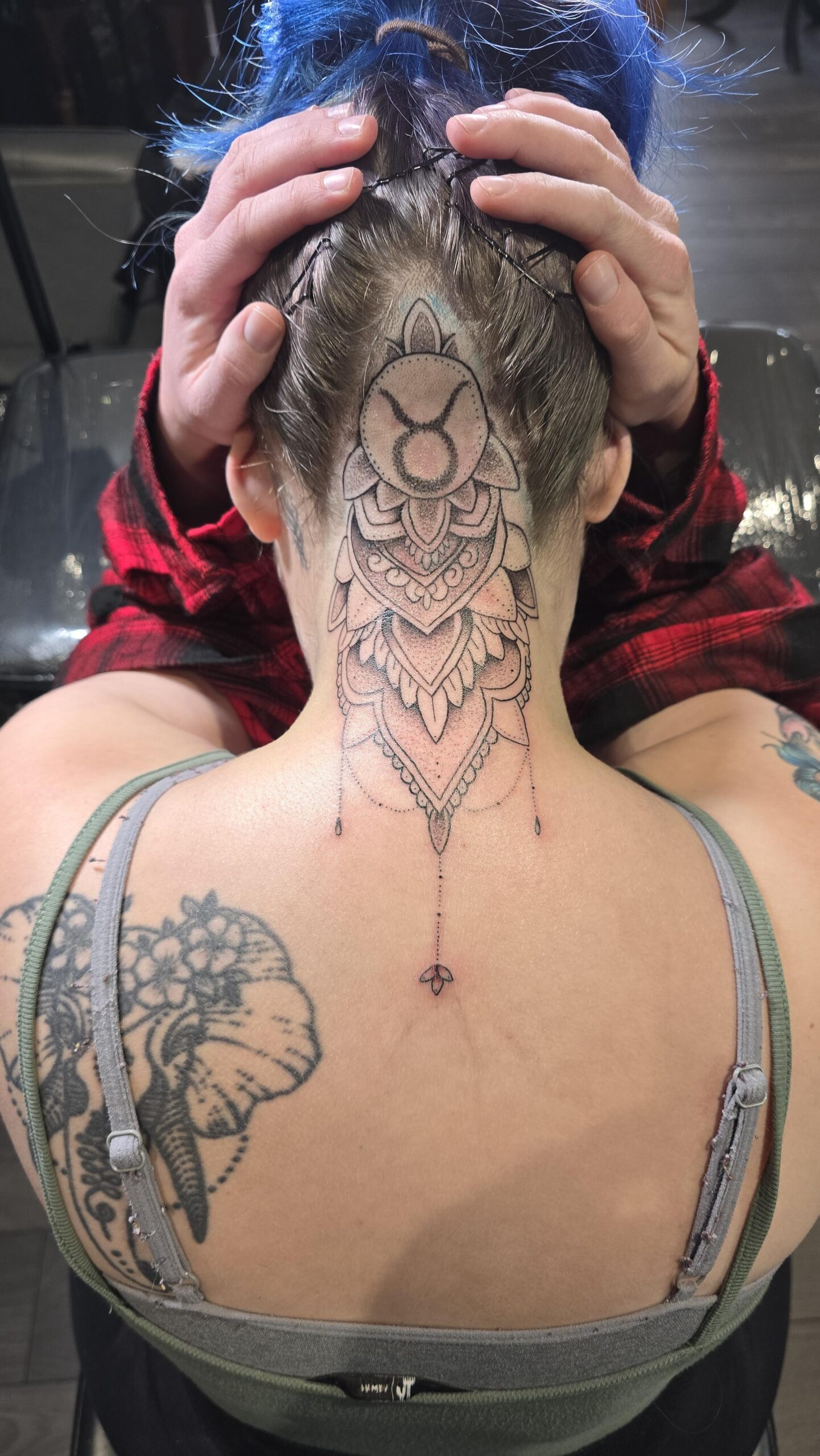 Ornate Taurus Neck Tattoo Design