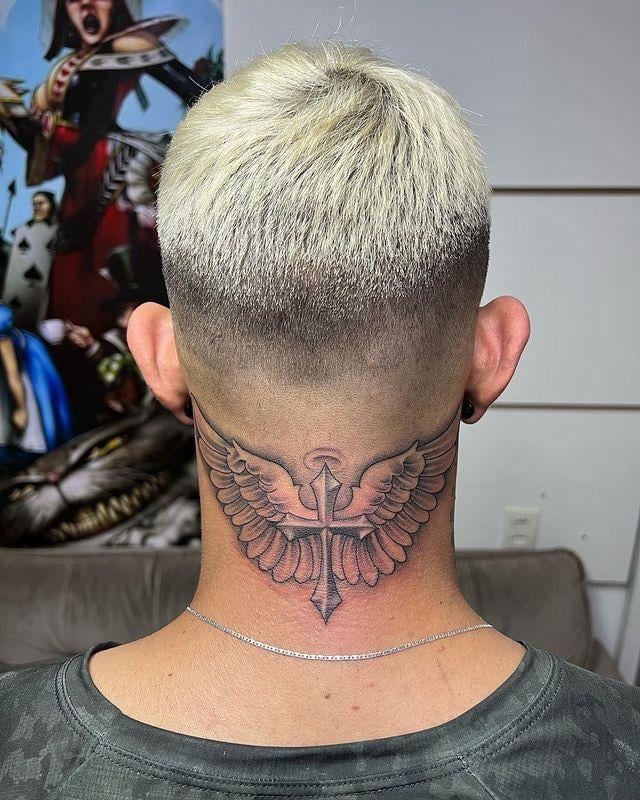 Sophisticated winged cross neck tattoo