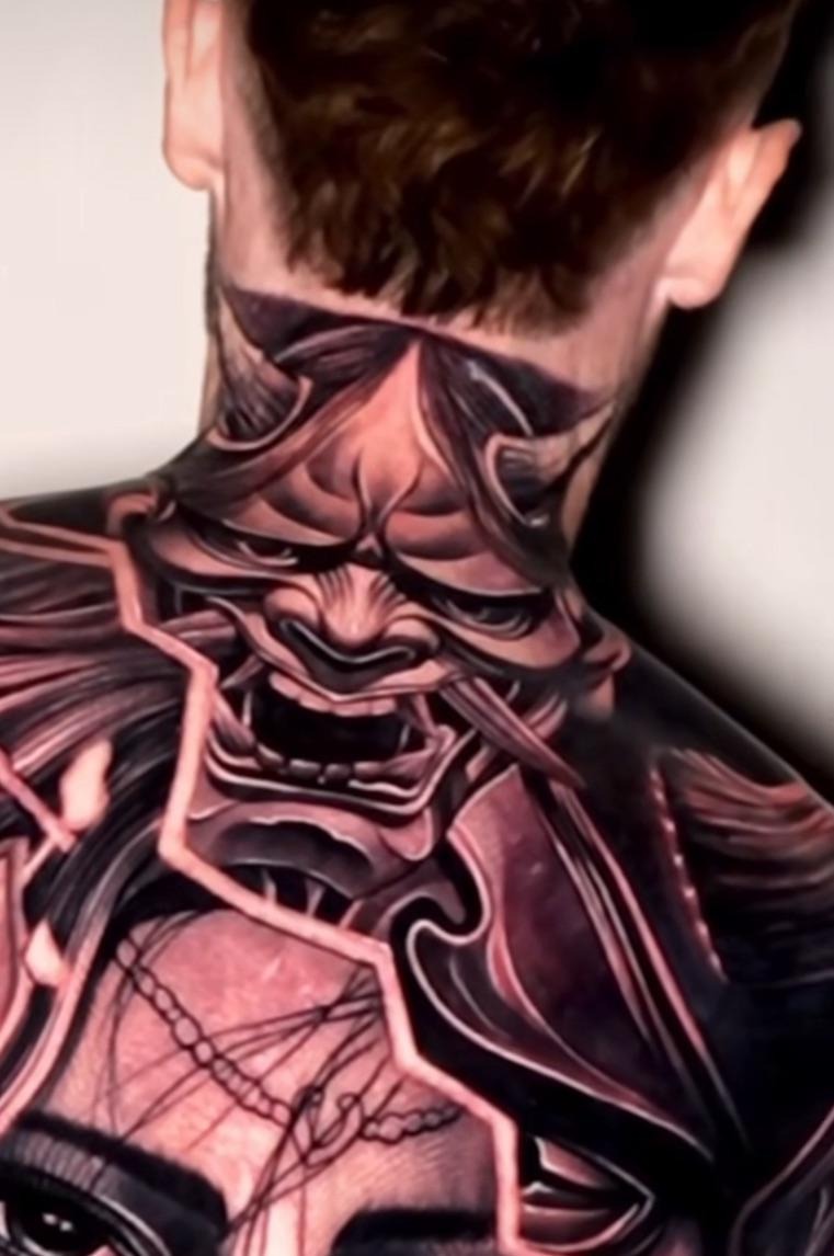 Intricate Japanese-style neck tattoo art
