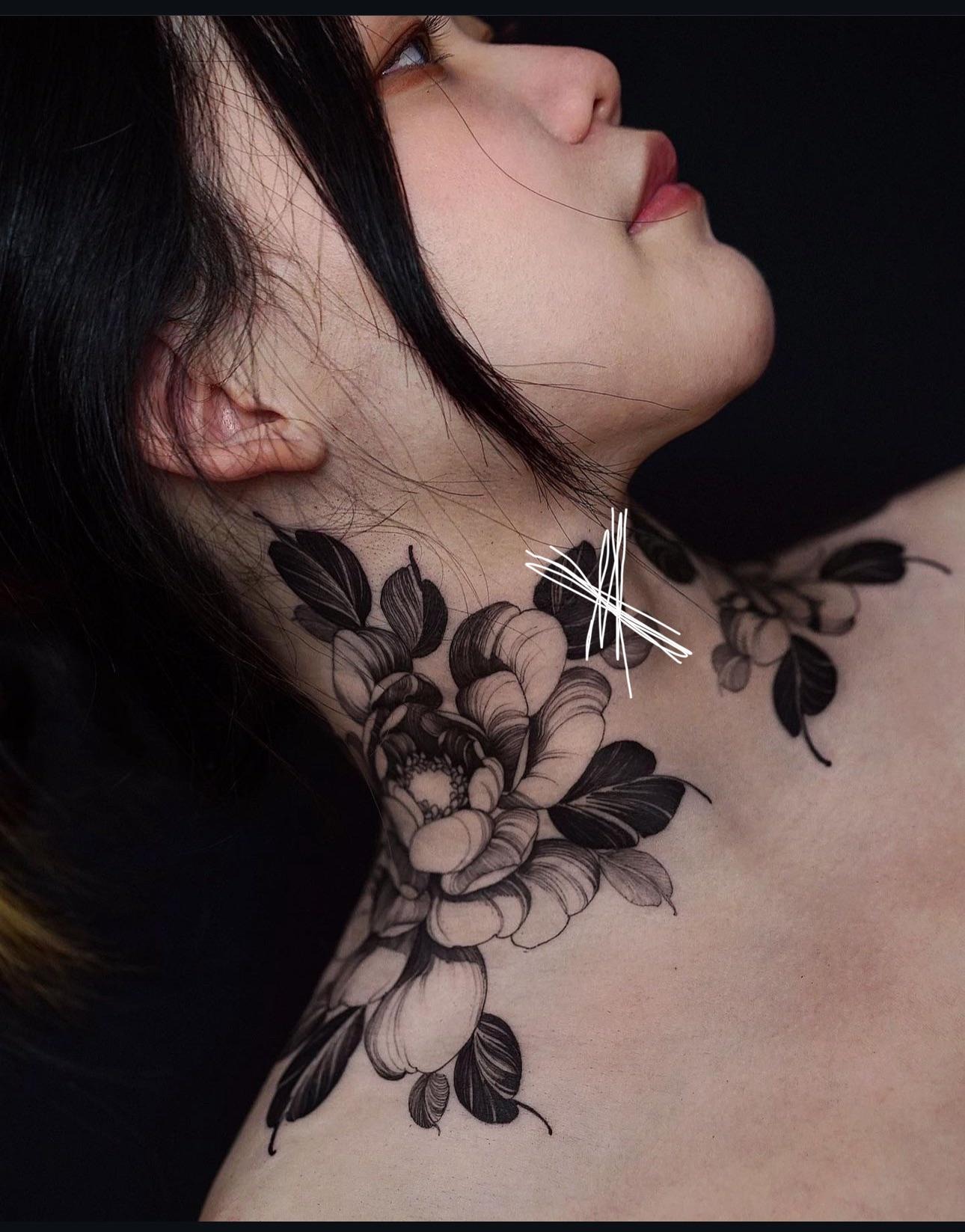 Chic Floral Side Neck Tattoo