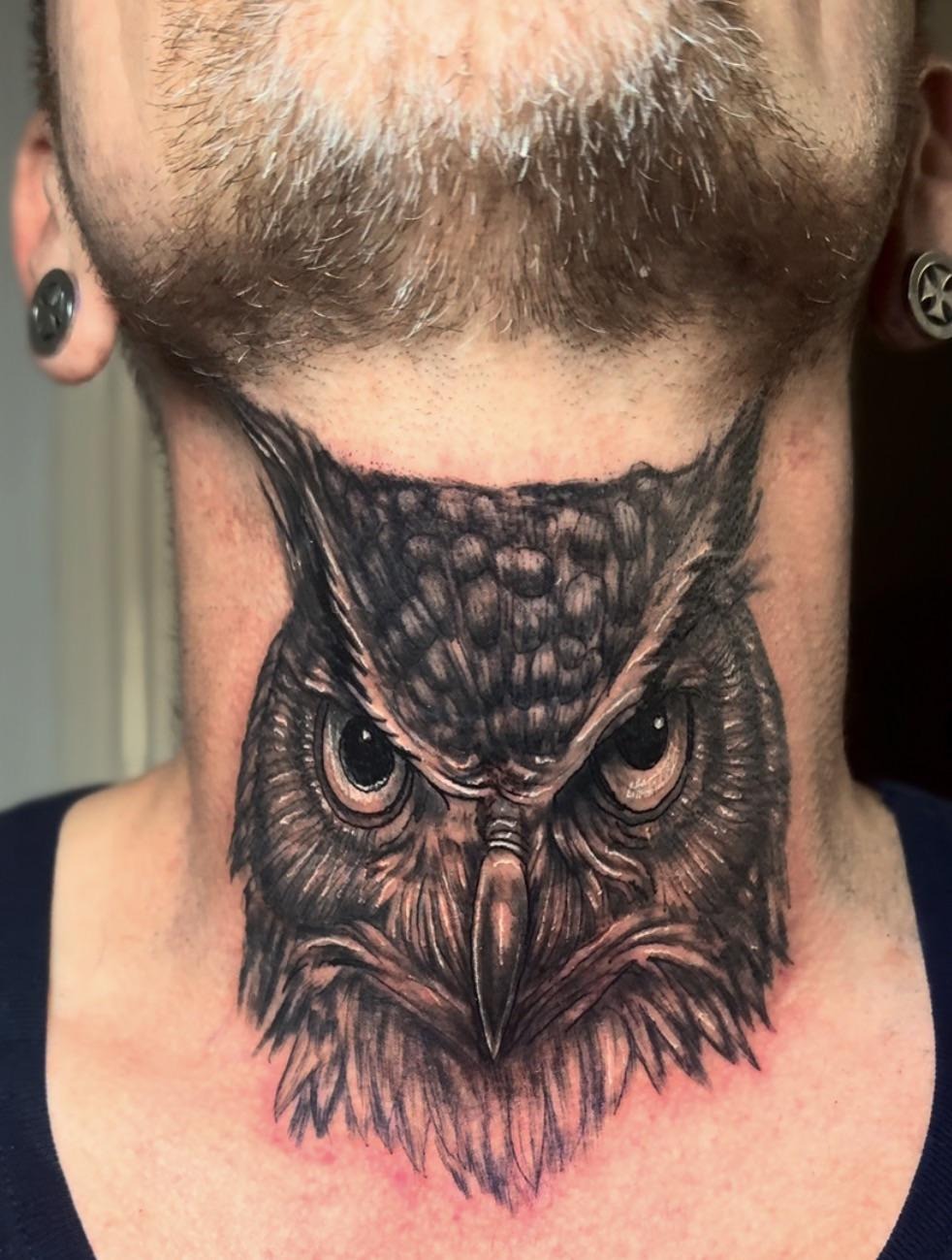 Intricate Owl Throat Tattoo