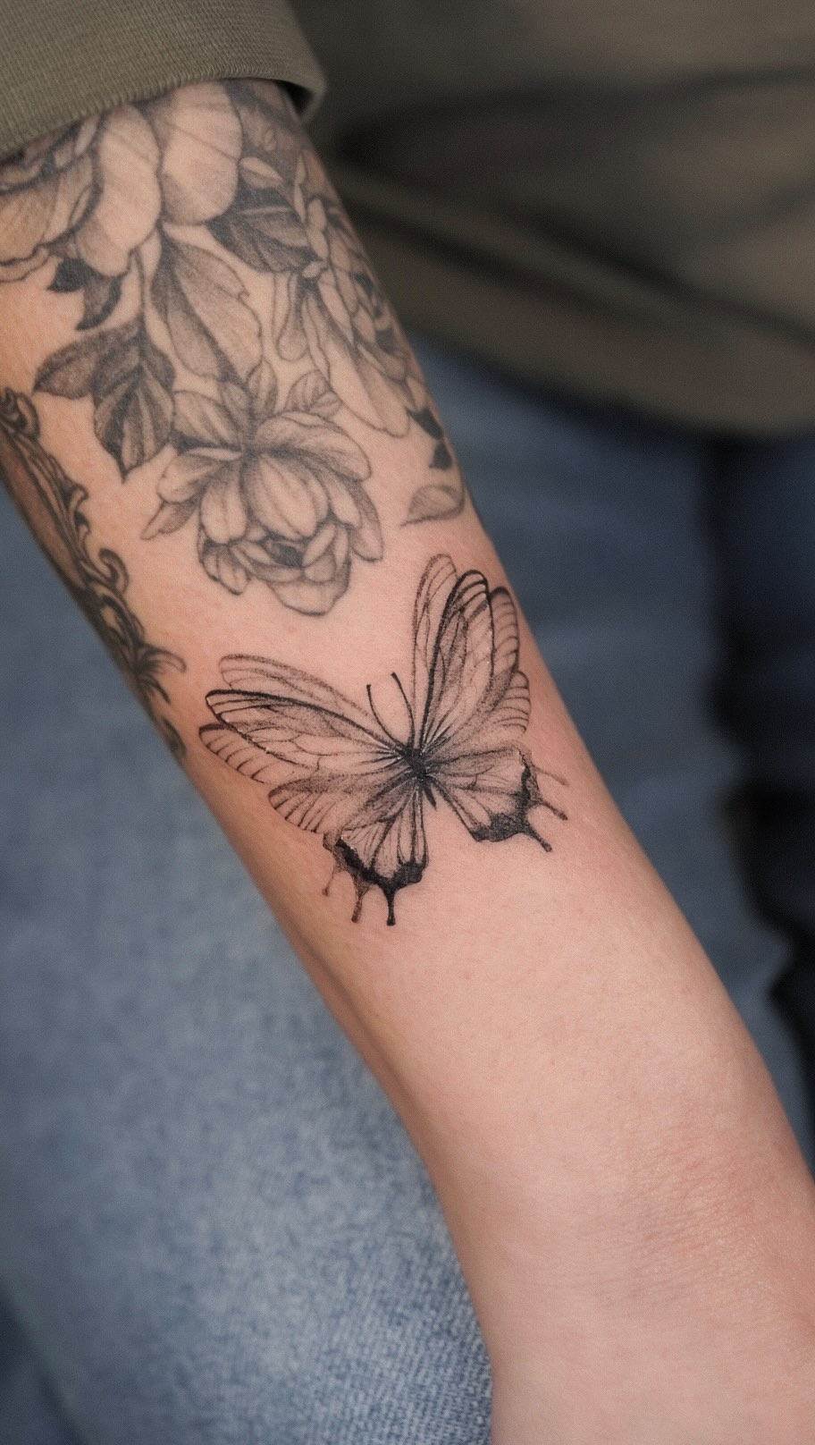 Delicate Fine Line Butterfly and Floral Tattoo