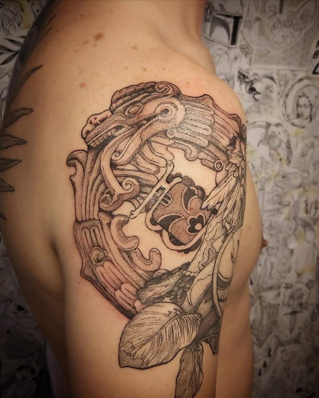 Detailed Quetzalcoatl Shoulder Tattoo