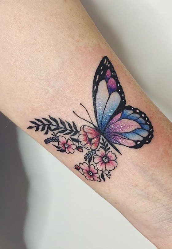 Watercolor Style Butterfly Floral Tattoo