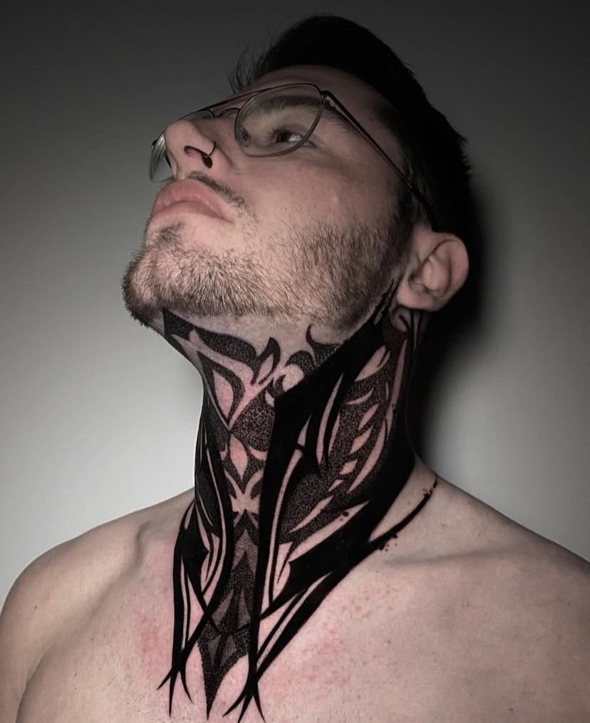 Sharp Graphic Abstract Neck Tattoo