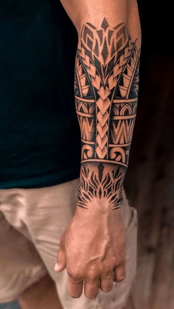 Bold Geometric Tribal Forearm Tattoo
