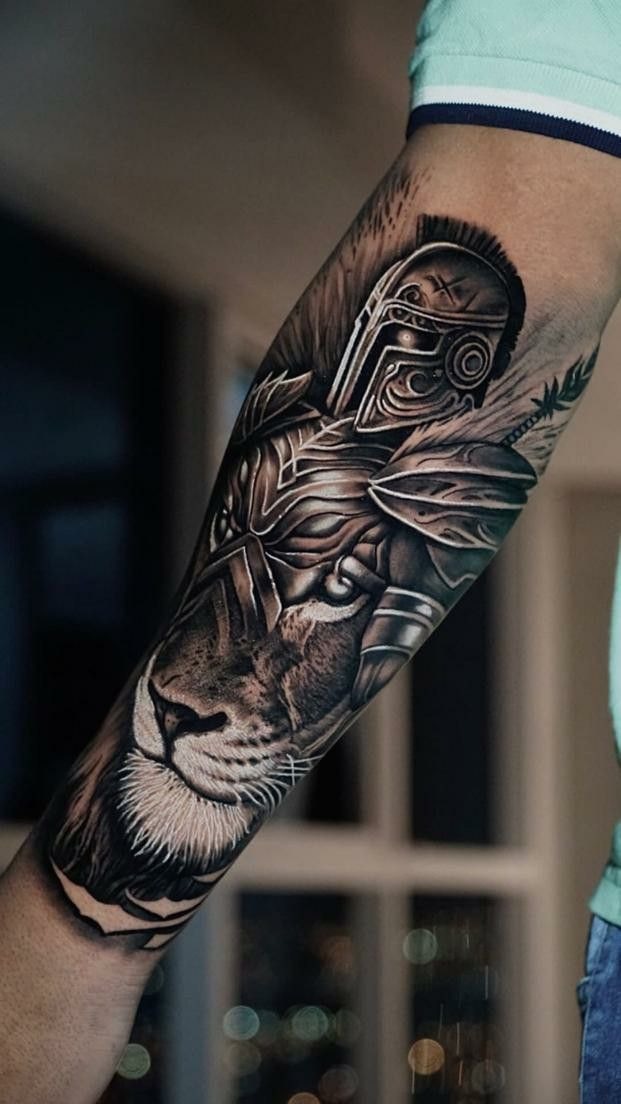 Warrior Lion Helmet Forearm Tattoo