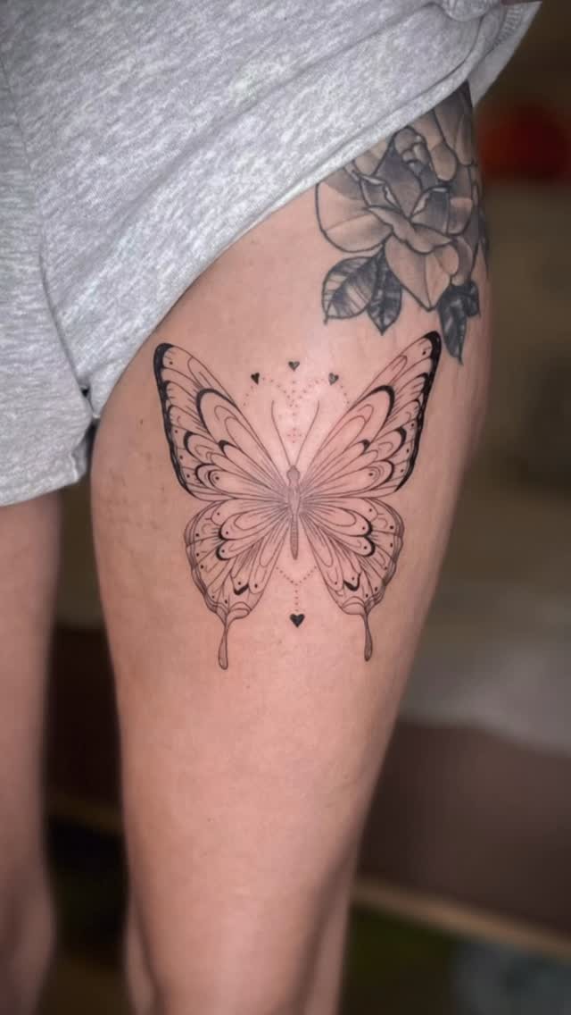 Detailed Thigh Butterfly Tattoo