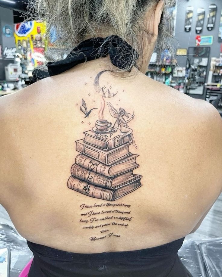 Whimsical Stack of Books Back Tattoo