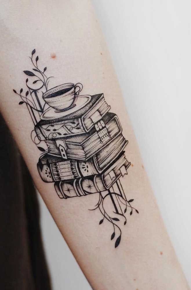 Cozy Books and Tea Stack Tattoo