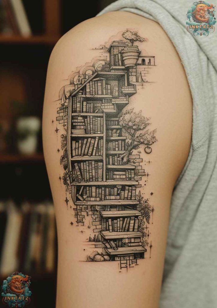 Intricate Architectural Bookcase Tattoo Design