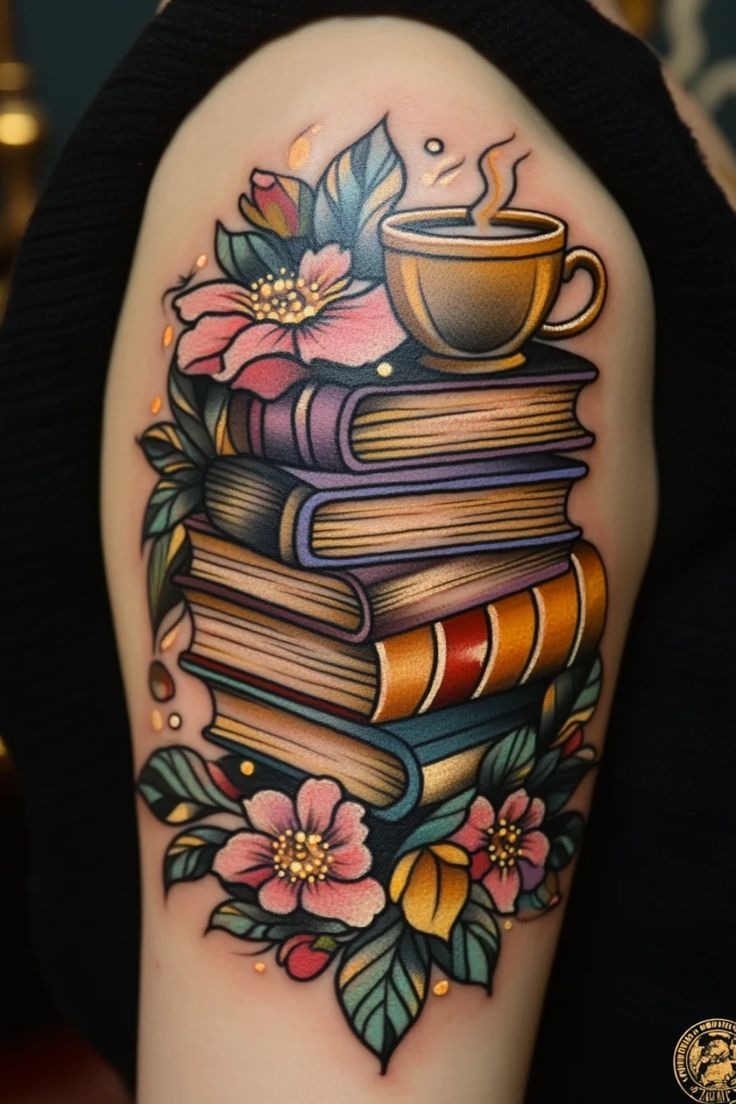 Whimsical Book Stack Tattoo