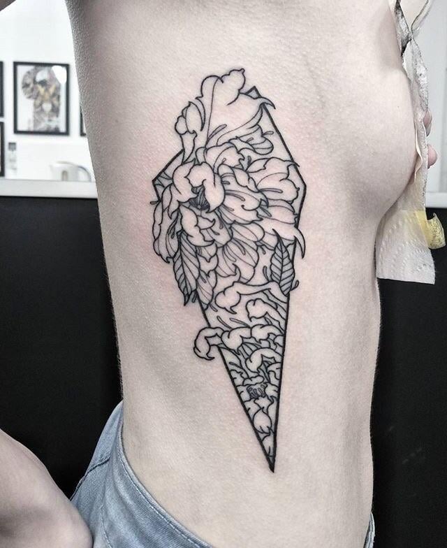 Geometric Peony Rib Tattoo