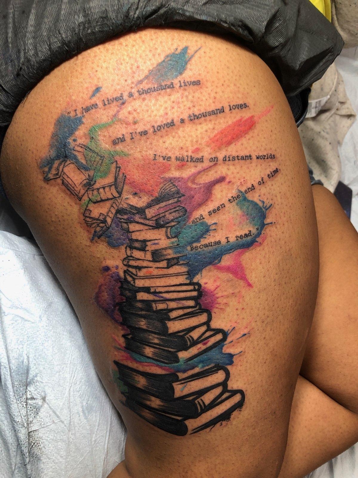 Literary Watercolor Book Stack Leg Tattoo