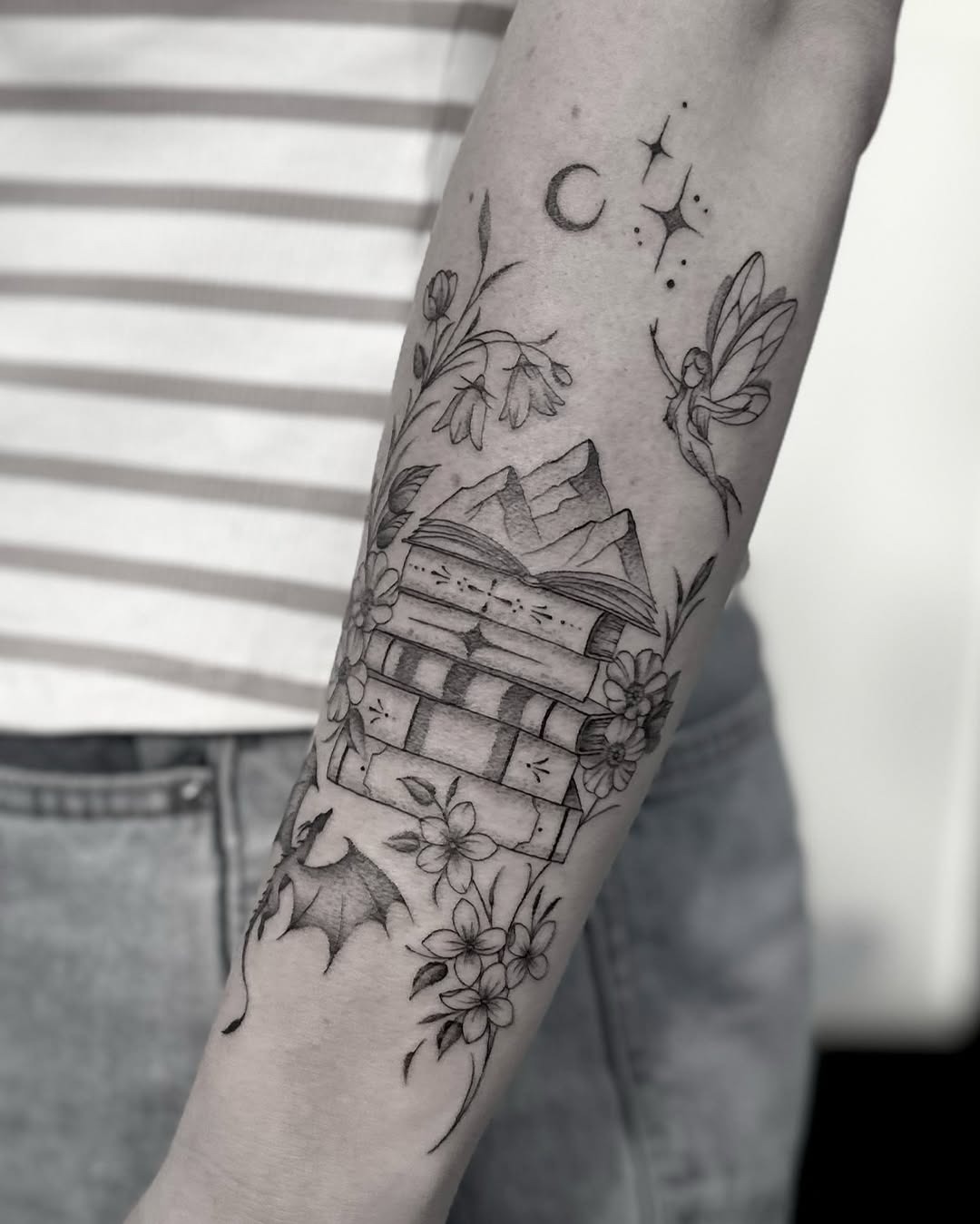 Whimsical Book Stack Tattoo Design