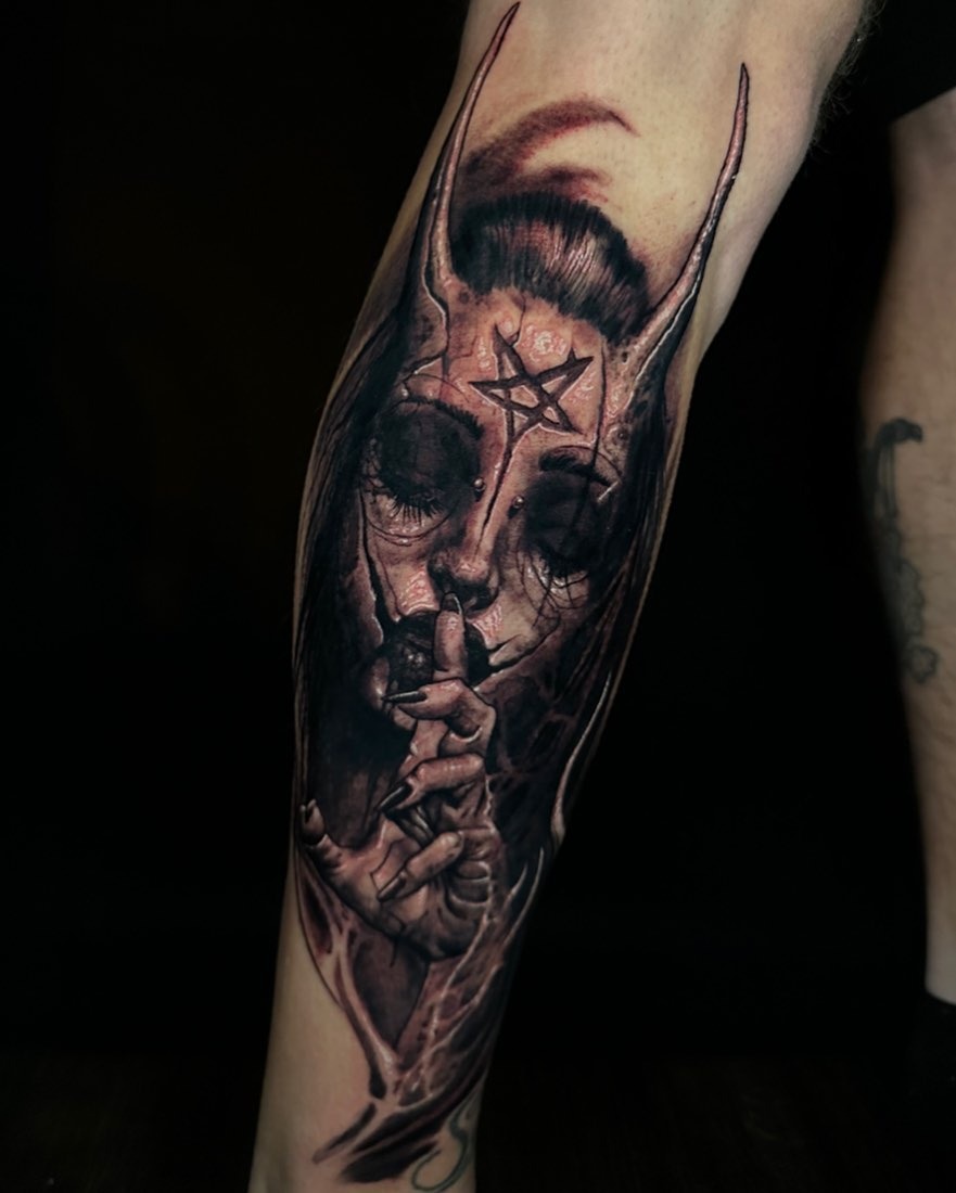 Sinister Pentagram Demoness Forearm Ink