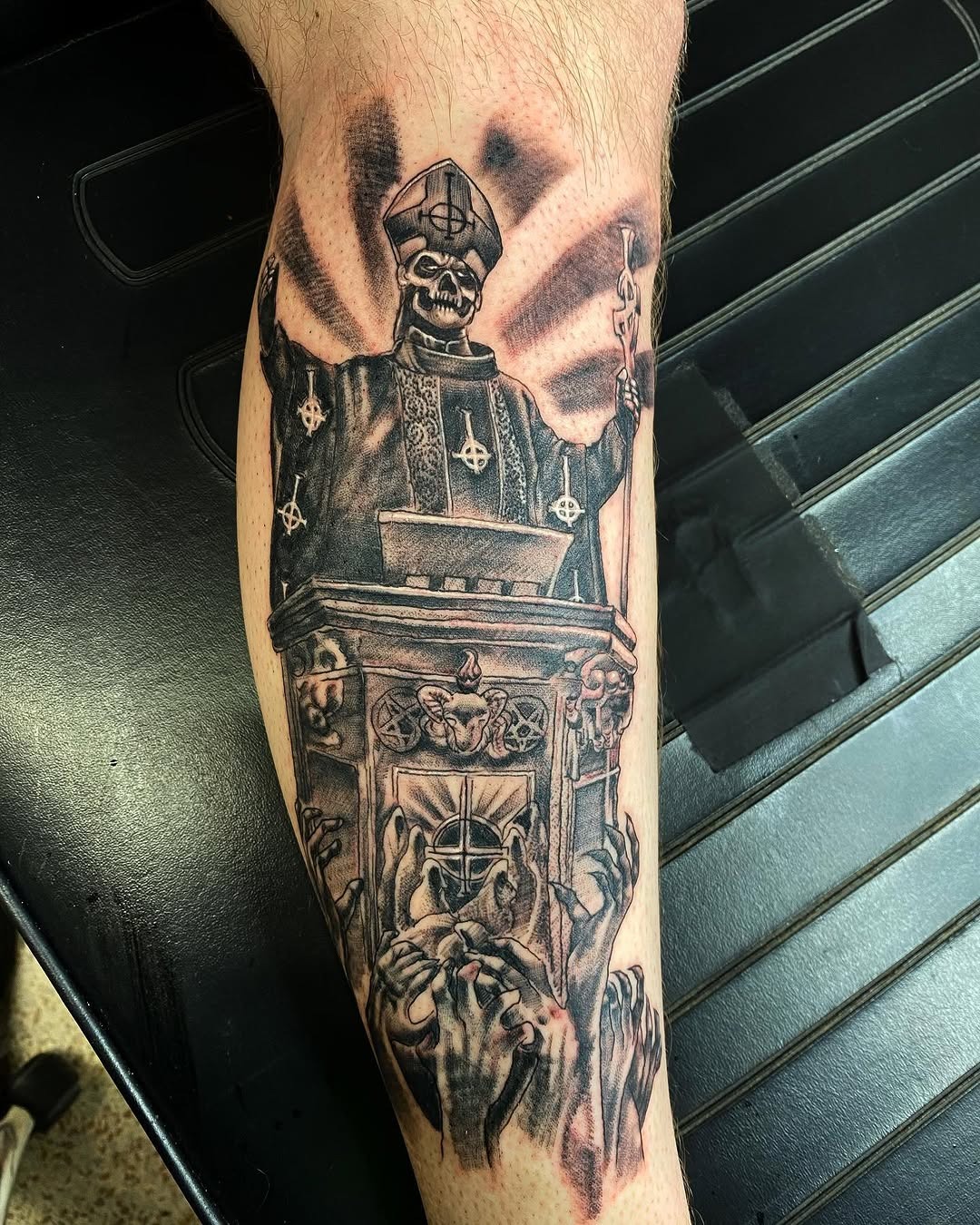 Dramatic Skeleton Pope Pulpit Sleeve Tattoo