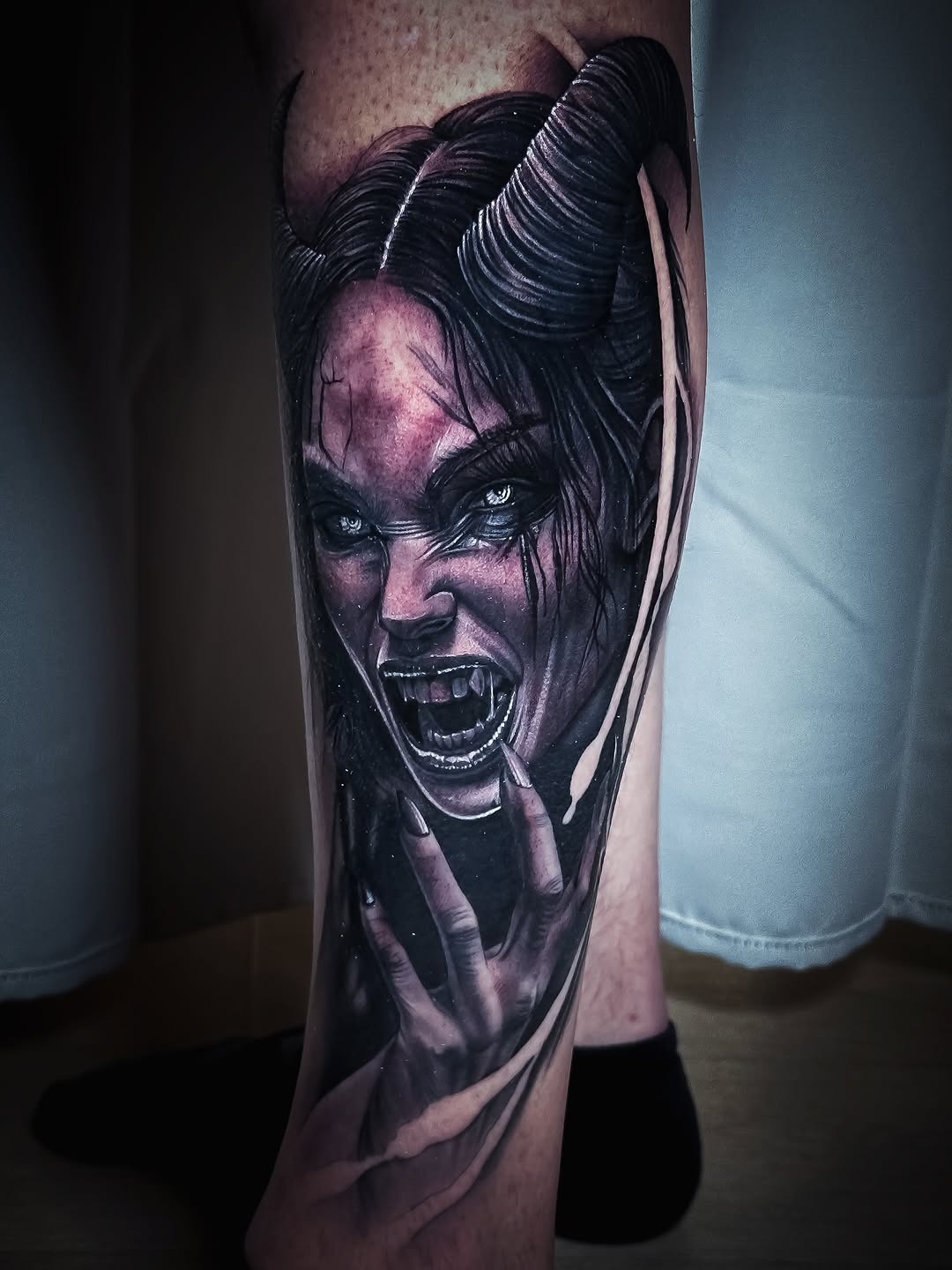 Intricate Gothic Horned Demon Portrait Tattoo