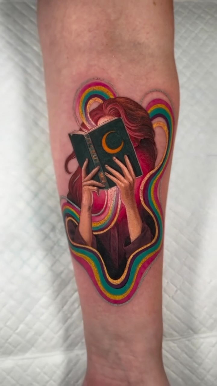Vibrant Rainbow Surrealist Reader Tattoo