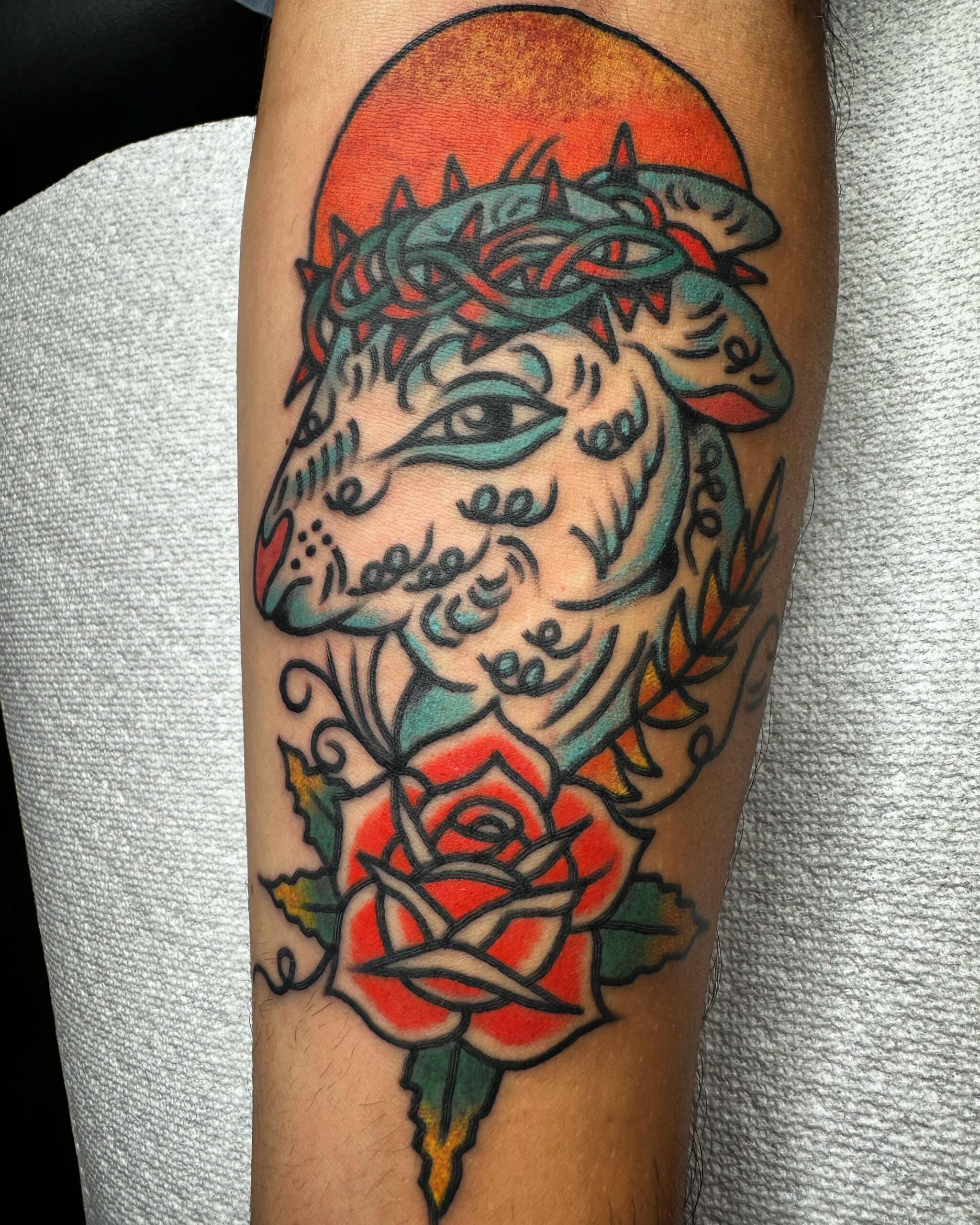 Vivid Neo-Traditional Lamb Tattoo