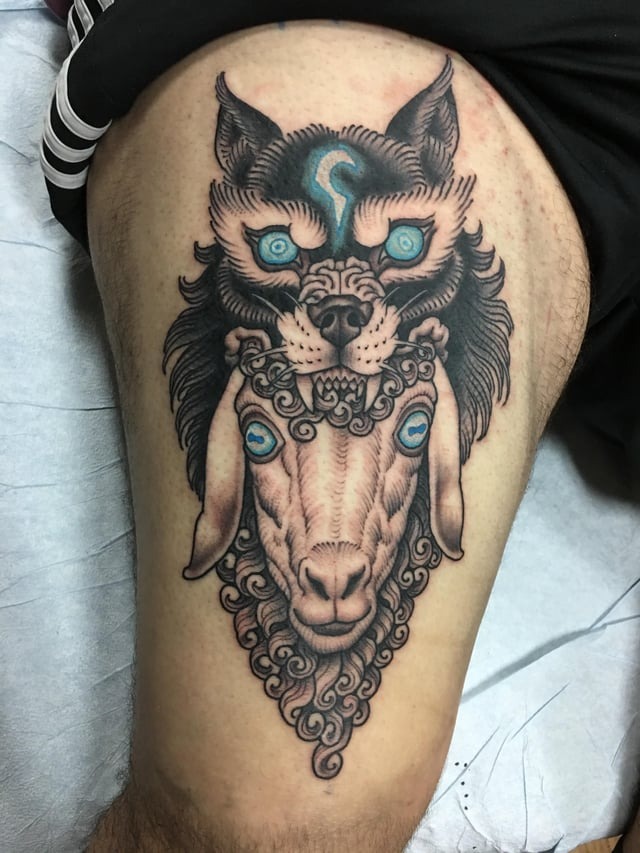 Mystical Wolf and Lamb Tattoo Art