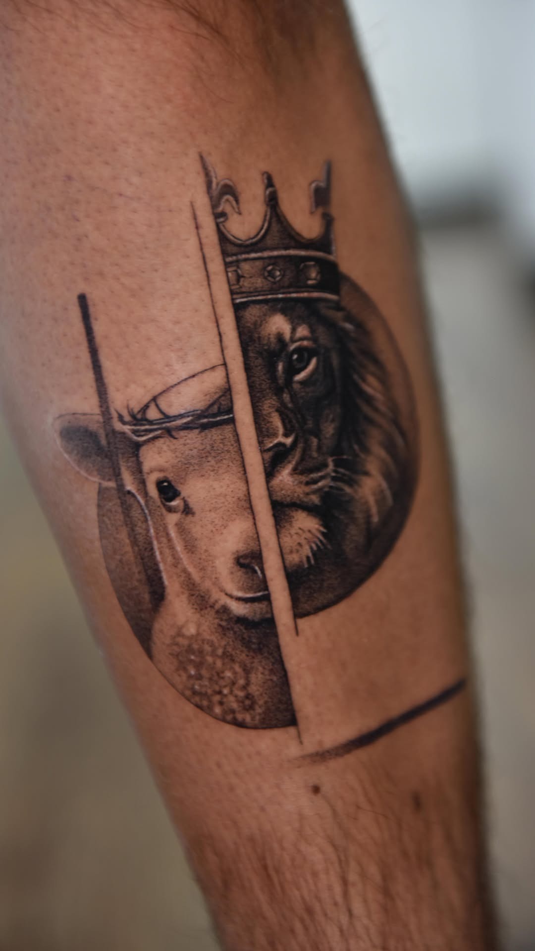 Symbolic lamb and lion forearm tattoo