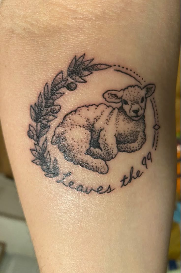 Delicate 'Leaves the 99' Lamb Tattoo Design